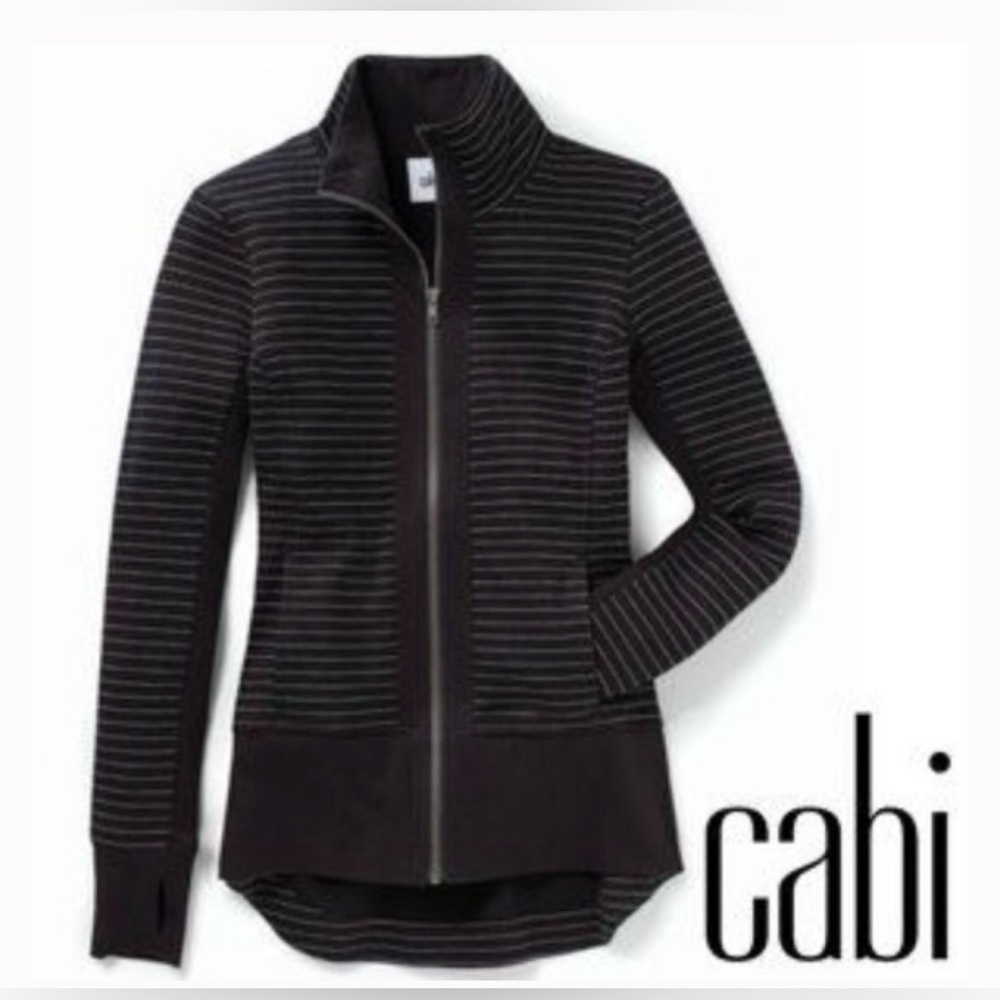 CAbi #3378 Sprint Jacket Medium Full Zip Stripe Curved Back Hem Pockets Black - Picture 2 of 12